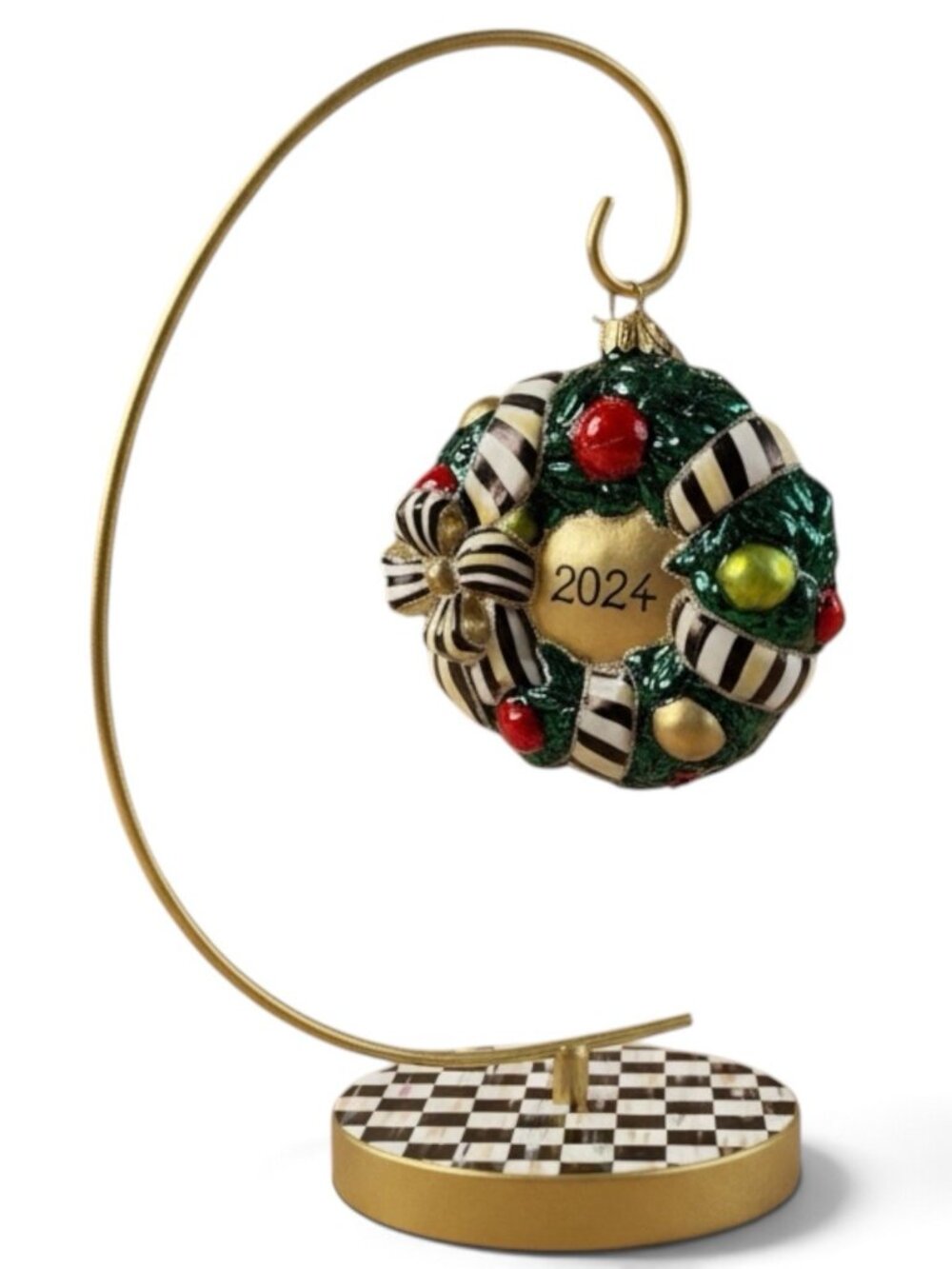 MacKenzie-Childs 2024 Courtly Check Christmas Wreath Ornament w Stand NIB - Picture 1 of 16